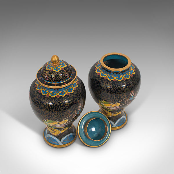 Pair Of, Antique Decorative Spice Jars, Chinese, Cloisonne, Baluster Urn, C.1900