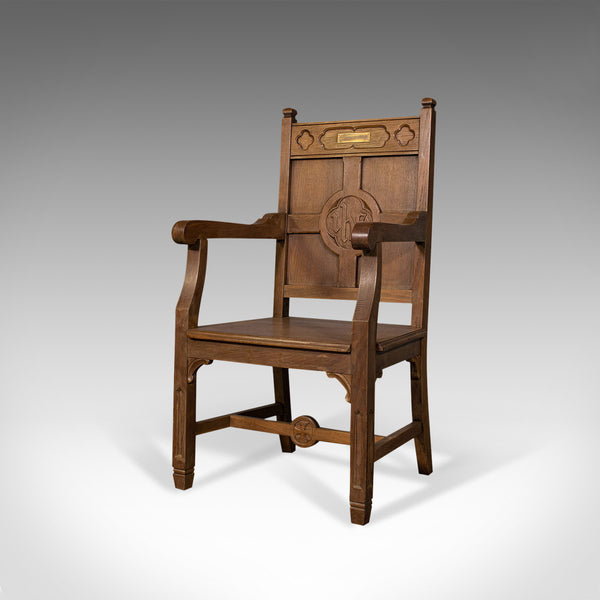 Antique Elbow Chair, Oak, Hall, Carver Armchair, Ecclesiastical Taste, Edwardian