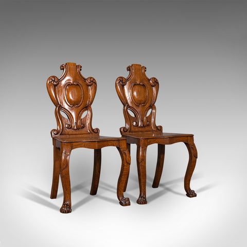 Pair Of, Antique Shield Back Chairs, Scottish, Oak, Hall Seat, Victorian, C.1880