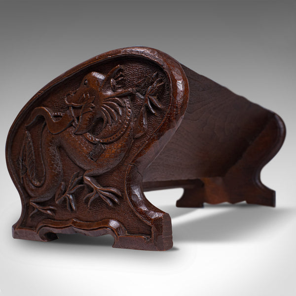 Antique Carved Book Stand, Oriental, Mahogany, Rack, Dragon Motif, 19th Century