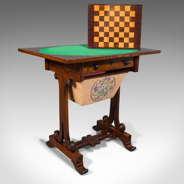 Antique Fold Over Games Table, English, Rosewood, Chess, Cards, Regency, C.1820