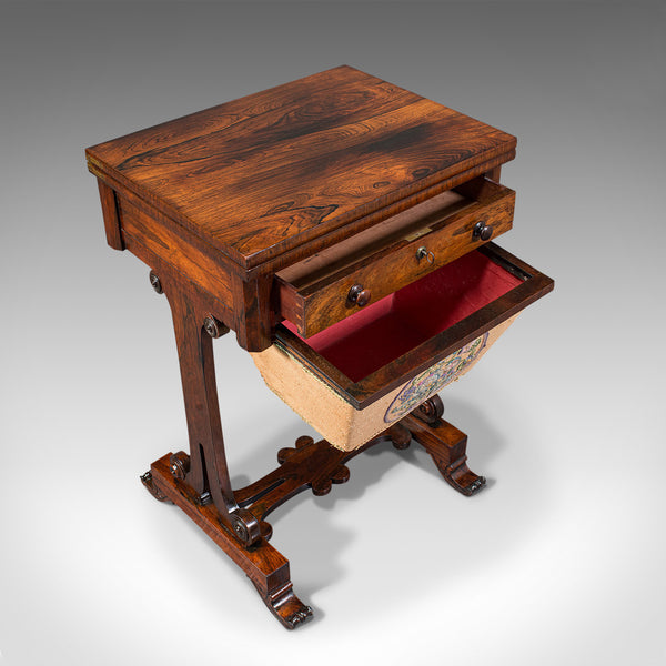 Antique Fold Over Games Table, English, Rosewood, Chess, Cards, Regency, C.1820