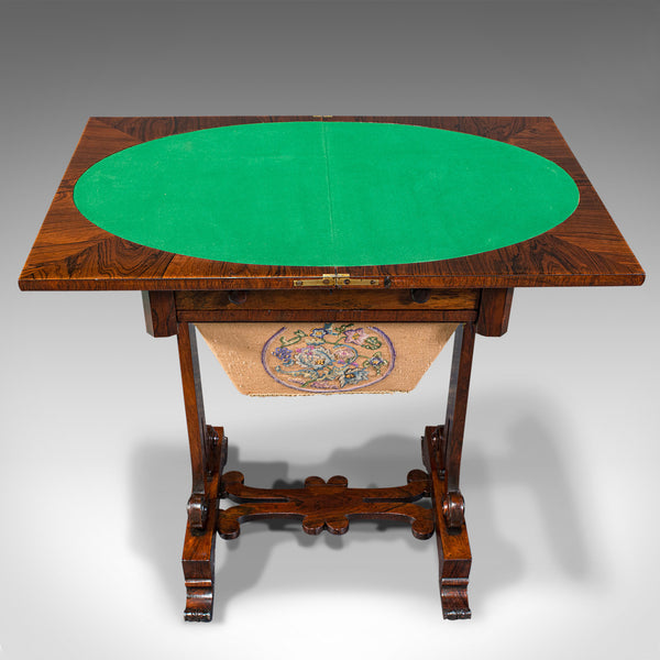 Antique Fold Over Games Table, English, Rosewood, Chess, Cards, Regency, C.1820