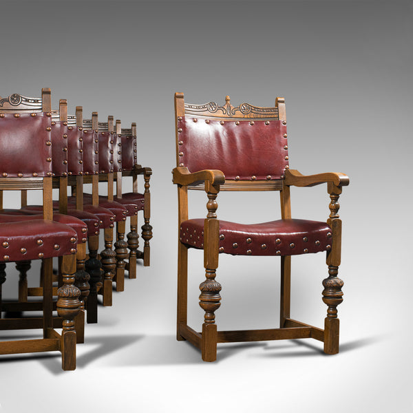 Vintage, Set of 8 Dining Chairs, English, Oak, Leather, Carolean Revival Taste
