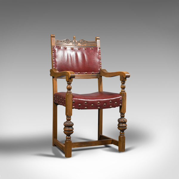 Vintage, Set of 8 Dining Chairs, English, Oak, Leather, Carolean Revival Taste