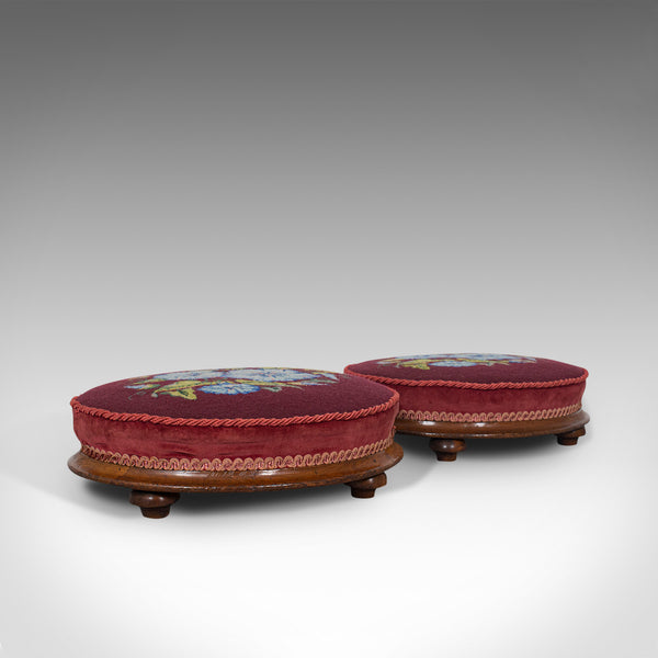 Pair of Antique Footstools, English, Walnut, Needlepoint, Rest, Victorian C.1860