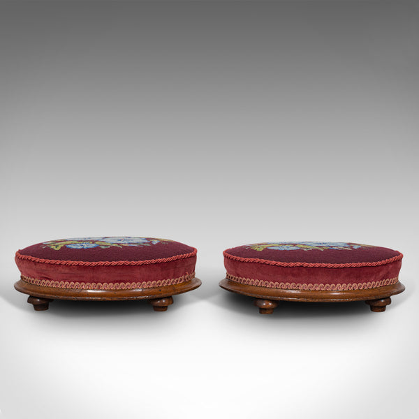 Pair of Antique Footstools, English, Walnut, Needlepoint, Rest, Victorian C.1860