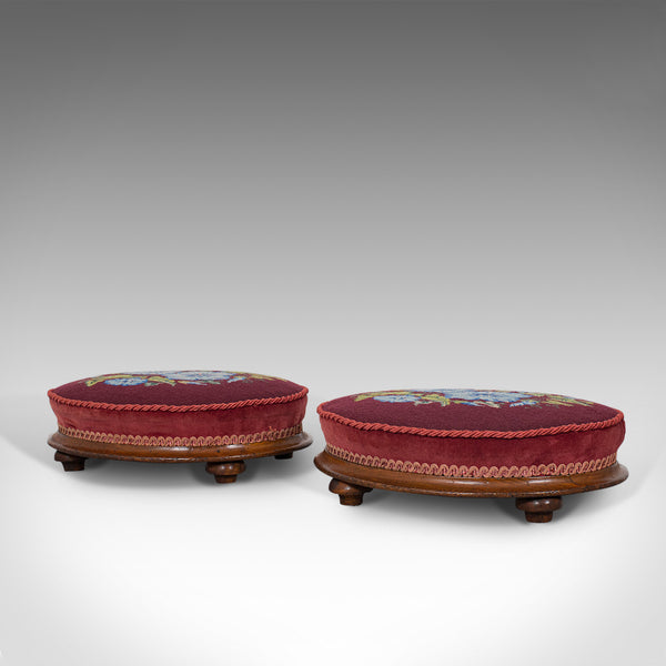 Pair of Antique Footstools, English, Walnut, Needlepoint, Rest, Victorian C.1860