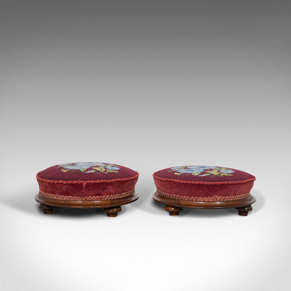Pair of Antique Footstools, English, Walnut, Needlepoint, Rest, Victorian C.1860