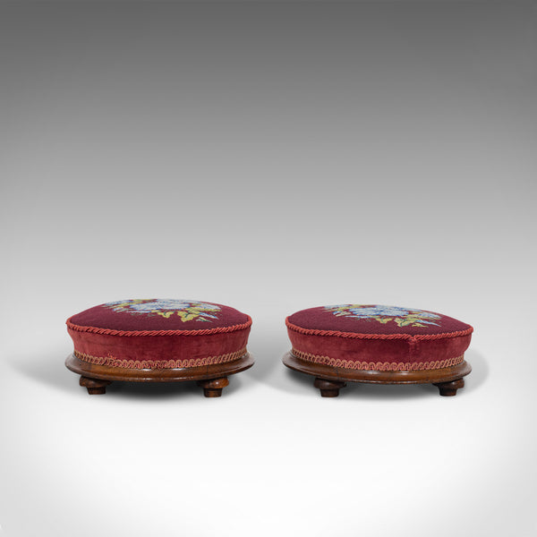 Pair of Antique Footstools, English, Walnut, Needlepoint, Rest, Victorian C.1860