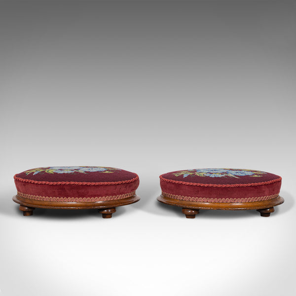 Pair of Antique Footstools, English, Walnut, Needlepoint, Rest, Victorian C.1860