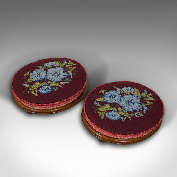 Pair of Antique Footstools, English, Walnut, Needlepoint, Rest, Victorian C.1860