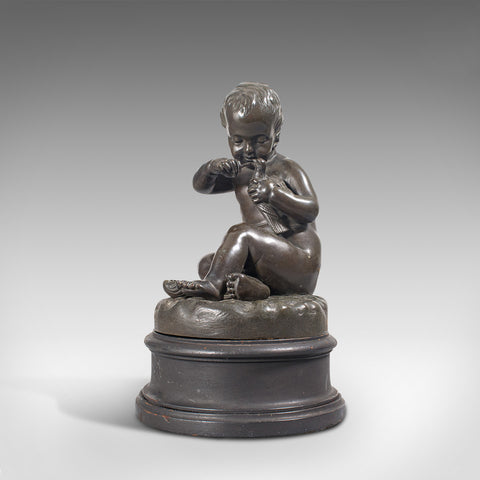 Antique Putto Statue, French, Bronze, Cherub Figure, Late 19th Century, C.1900