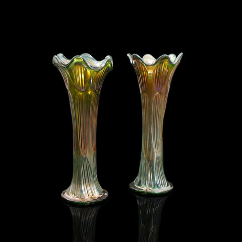 Pair Of, Vintage Decorative Flower Vases, English, Carnival Glass, Circa 1930