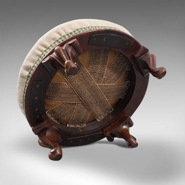 Small Antique Footstool, English, Walnut, Needlepoint Tapestry, Early Victorian