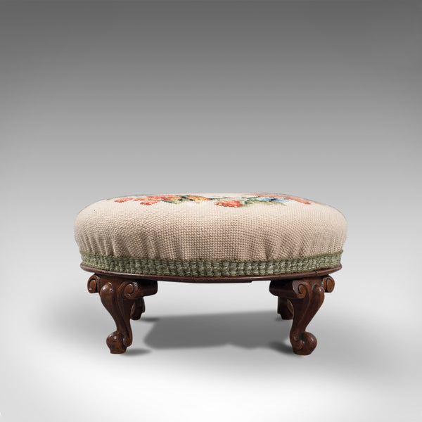 Small Antique Footstool, English, Walnut, Needlepoint Tapestry, Early Victorian