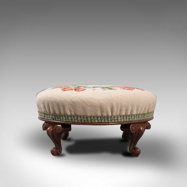 Small Antique Footstool, English, Walnut, Needlepoint Tapestry, Early Victorian