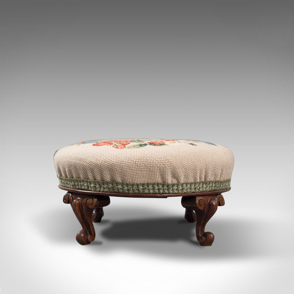 Small Antique Footstool, English, Walnut, Needlepoint Tapestry, Early Victorian