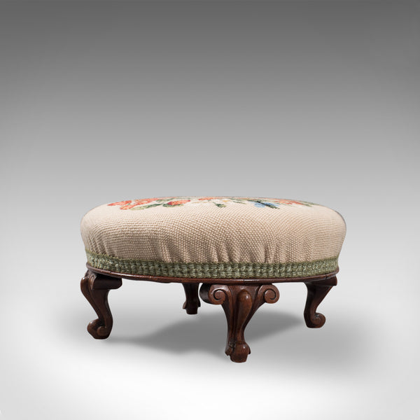 Small Antique Footstool, English, Walnut, Needlepoint Tapestry, Early Victorian