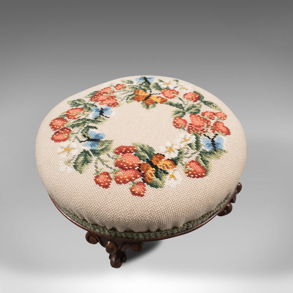 Small Antique Footstool, English, Walnut, Needlepoint Tapestry, Early Victorian