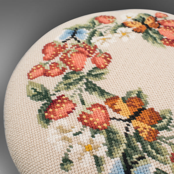 Small Antique Footstool, English, Walnut, Needlepoint Tapestry, Early Victorian