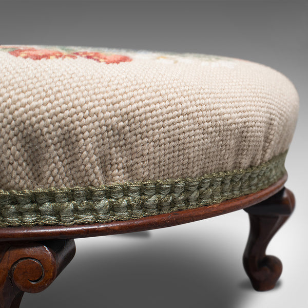 Small Antique Footstool, English, Walnut, Needlepoint Tapestry, Early Victorian