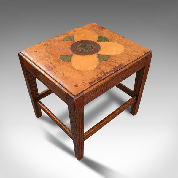 Antique Arts & Crafts Footstool, English, Oak, Leather, After Cotswolds, C.1910