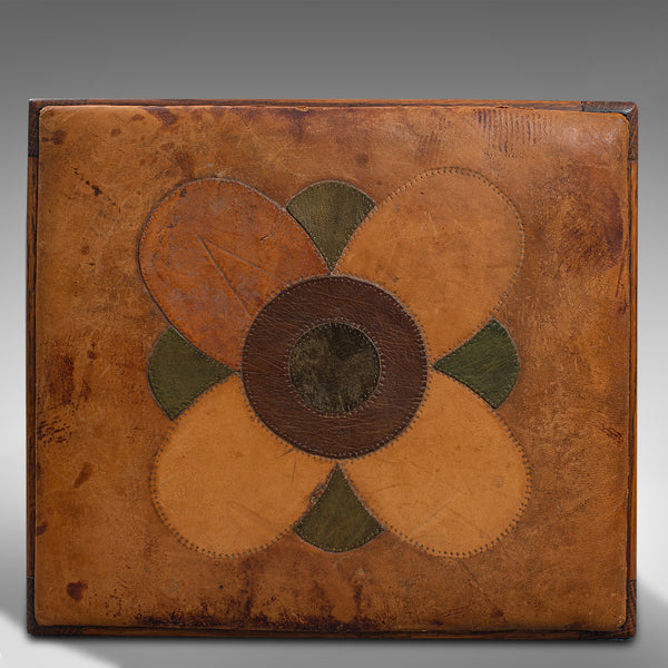 Antique Arts & Crafts Footstool, English, Oak, Leather, After Cotswolds, C.1910