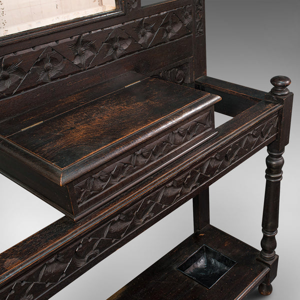 Tall Antique Hall Stand, English, Oak, Mirror, Coat Rack, Chinoiserie, Victorian