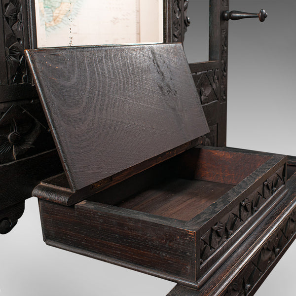 Tall Antique Hall Stand, English, Oak, Mirror, Coat Rack, Chinoiserie, Victorian