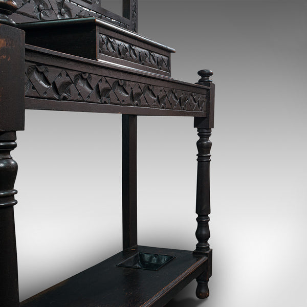 Tall Antique Hall Stand, English, Oak, Mirror, Coat Rack, Chinoiserie, Victorian