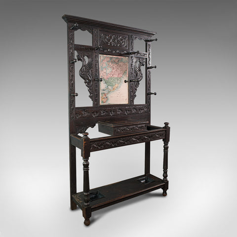 Tall Antique Hall Stand, English, Oak, Mirror, Coat Rack, Chinoiserie, Victorian