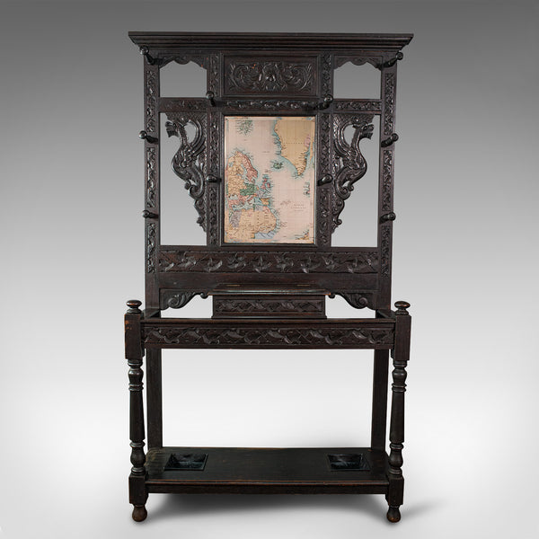 Tall Antique Hall Stand, English, Oak, Mirror, Coat Rack, Chinoiserie, Victorian
