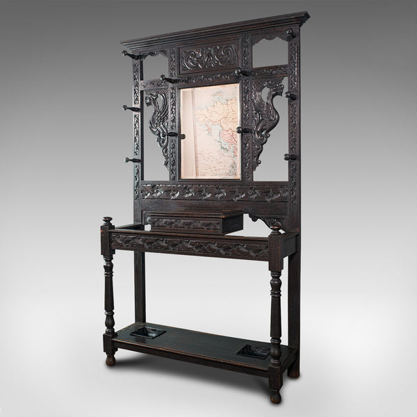 Tall Antique Hall Stand, English, Oak, Mirror, Coat Rack, Chinoiserie, Victorian