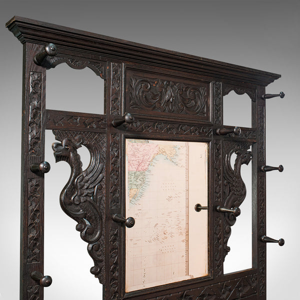 Tall Antique Hall Stand, English, Oak, Mirror, Coat Rack, Chinoiserie, Victorian