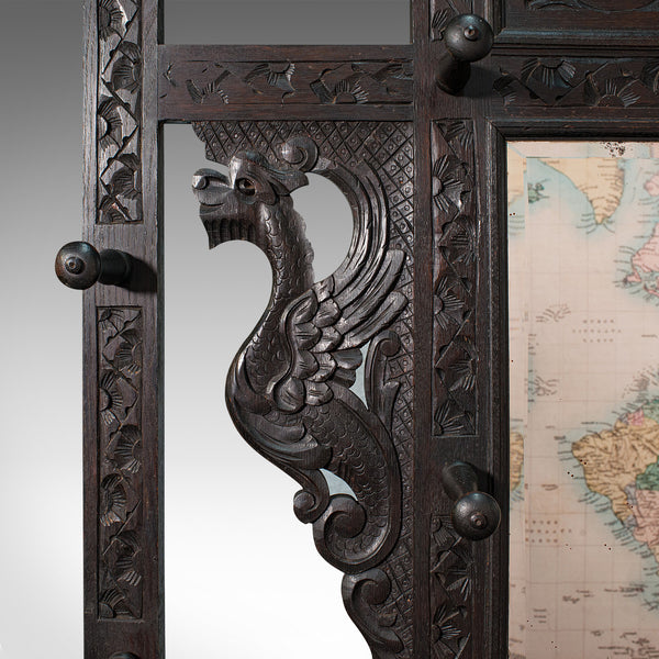 Tall Antique Hall Stand, English, Oak, Mirror, Coat Rack, Chinoiserie, Victorian