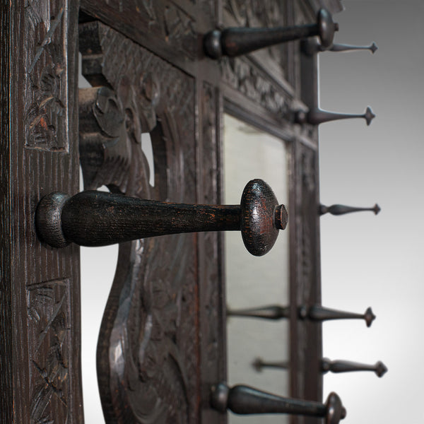 Tall Antique Hall Stand, English, Oak, Mirror, Coat Rack, Chinoiserie, Victorian