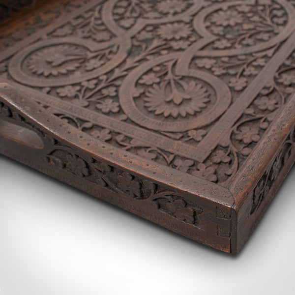 Antique Decorative Tea Tray, Indian, Mahogany, Butler, Serving, Victorian, 1900