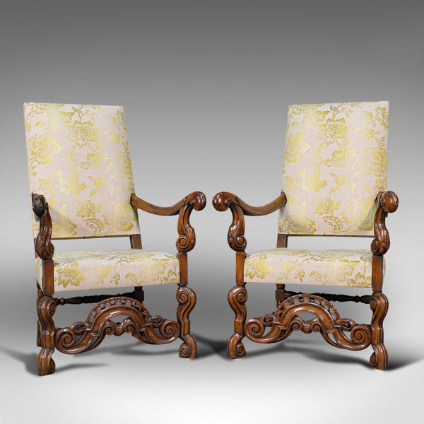 Pair Of Antique Drawing Room Elbow Chairs, English, Walnut, Armchair, Georgian