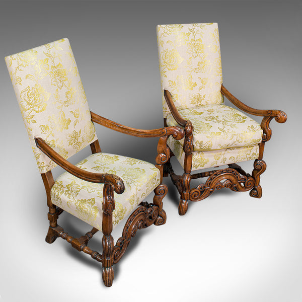 Pair Of Antique Drawing Room Elbow Chairs, English, Walnut, Armchair, Georgian