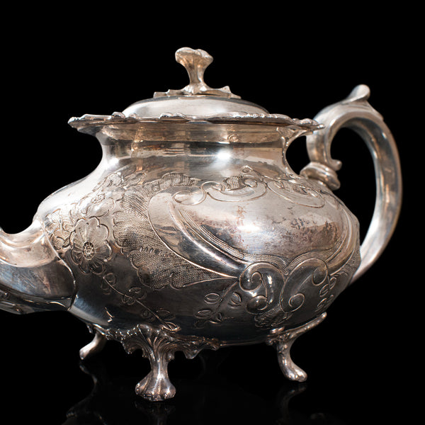 Antique Tea Service, English, Silver Plate, Hand Chased, Teapot, Jug, C.1900