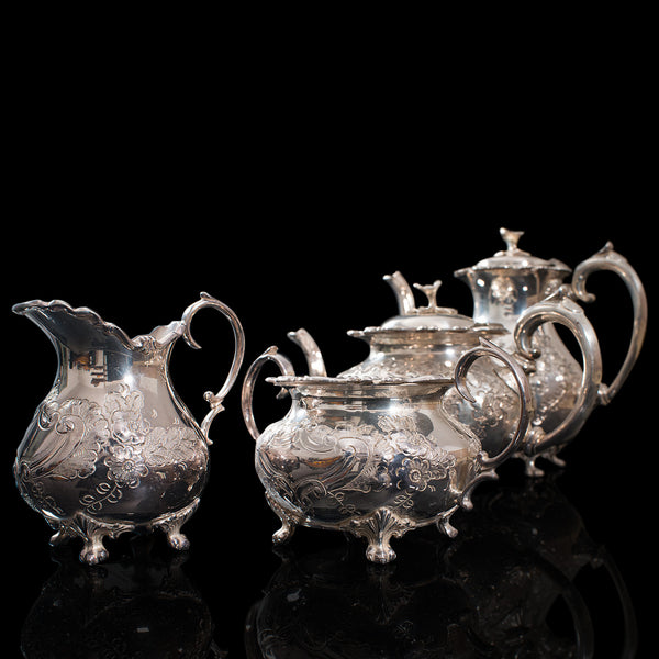 Antique Tea Service, English, Silver Plate, Hand Chased, Teapot, Jug, C.1900