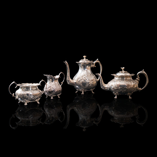 Antique Tea Service, English, Silver Plate, Hand Chased, Teapot, Jug, C.1900