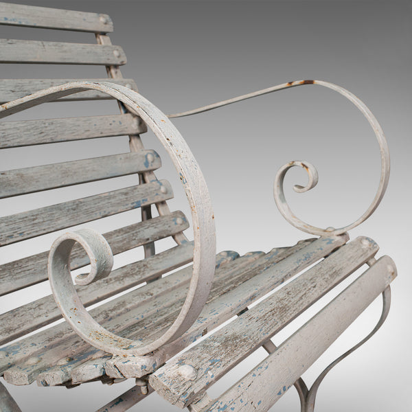 Antique Garden Seat, English, Wrought Iron, Slatted, Outdoor Chair, Victorian