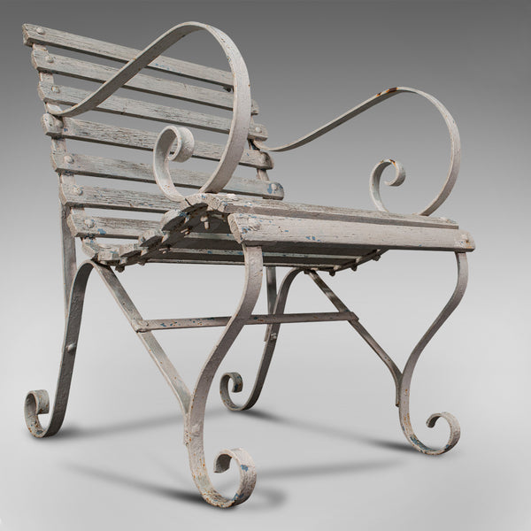 Antique Garden Seat, English, Wrought Iron, Slatted, Outdoor Chair, Victorian