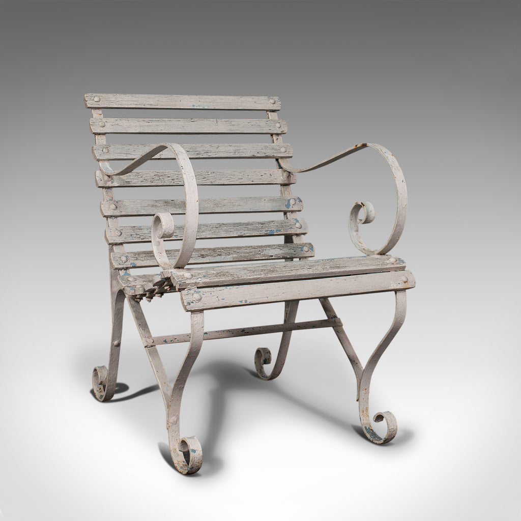 Antique Garden Seat, English, Wrought Iron, Slatted, Outdoor Chair