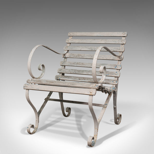 Antique Garden Seat, English, Wrought Iron, Slatted, Outdoor Chair, Victorian