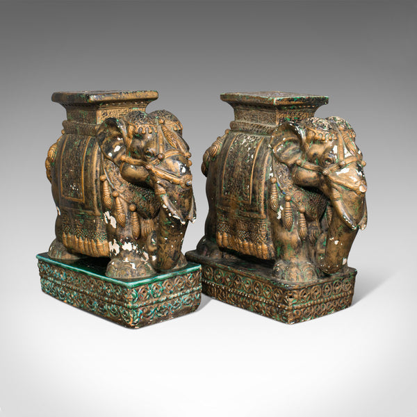 Pair Of, Antique Decorative Elephant Side Table, Indian, Ceramic, Victorian