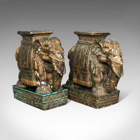 Pair Of, Antique Decorative Elephant Side Table, Indian, Ceramic, Victorian