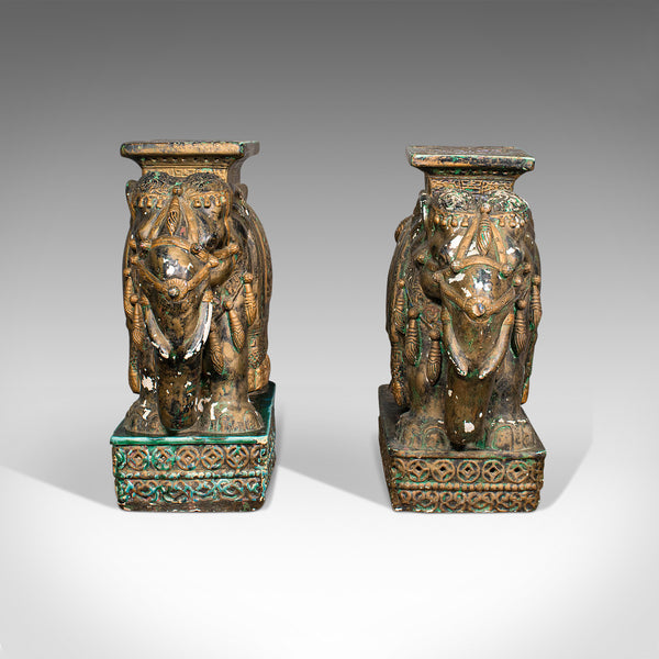 Pair Of, Antique Decorative Elephant Side Table, Indian, Ceramic, Victorian